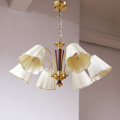 Lámpara de araña de 3/6/8 luces con pantalla de tela a rayas florales, varilla curva de rama francesa tradicional de cobre, madera y hierro para sala de estar 