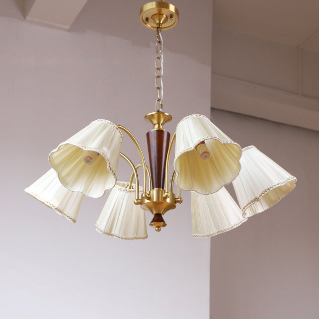 Lámpara de araña de 3/6/8 luces con pantalla de tela a rayas florales, varilla curva de rama francesa tradicional de cobre, madera y hierro para sala de estar 
