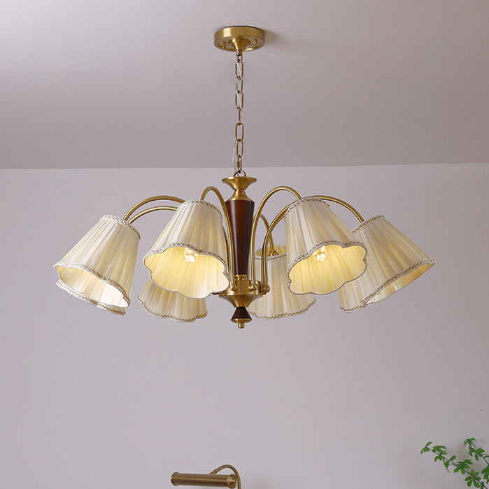 Lámpara de araña de 3/6/8 luces con pantalla de tela a rayas florales, varilla curva de rama francesa tradicional de cobre, madera y hierro para sala de estar 