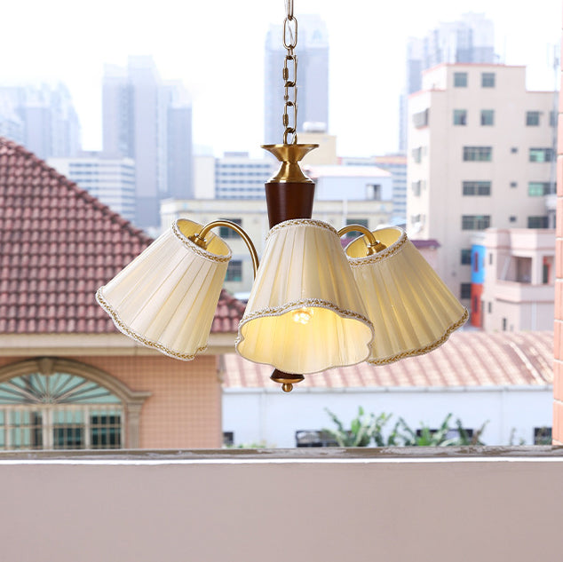 Lámpara de araña de 3/6/8 luces con pantalla de tela a rayas florales, varilla curva de rama francesa tradicional de cobre, madera y hierro para sala de estar 