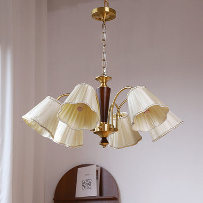 Lámpara de araña de 3/6/8 luces con pantalla de tela a rayas florales, varilla curva de rama francesa tradicional de cobre, madera y hierro para sala de estar 