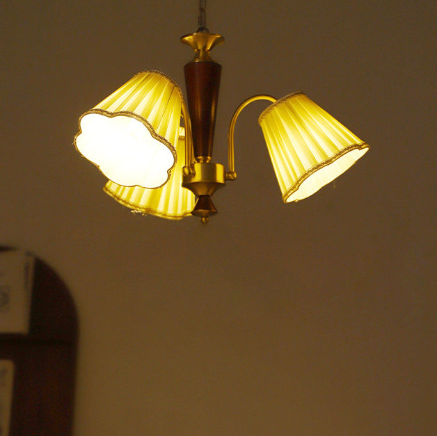 Lámpara de araña de 3/6/8 luces con pantalla de tela a rayas florales, varilla curva de rama francesa tradicional de cobre, madera y hierro para sala de estar 