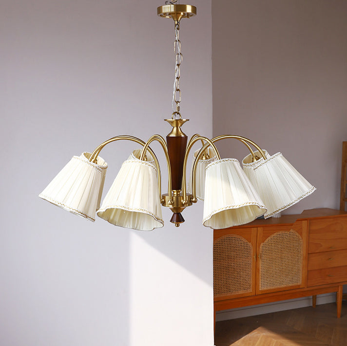 Lámpara de araña de 3/6/8 luces con pantalla de tela a rayas florales, varilla curva de rama francesa tradicional de cobre, madera y hierro para sala de estar 
