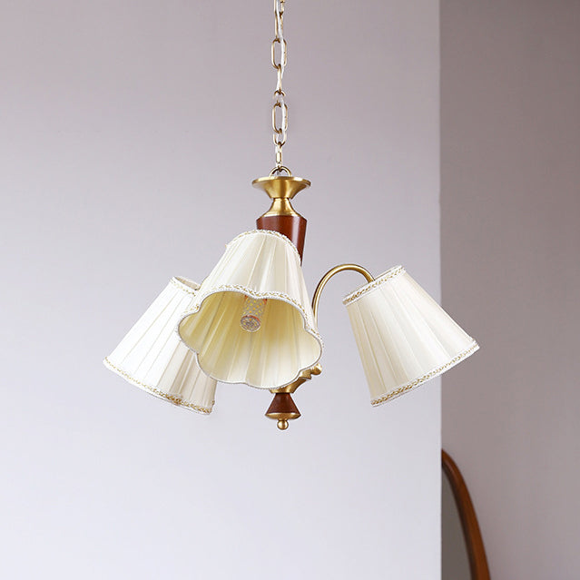 Lámpara de araña de 3/6/8 luces con pantalla de tela a rayas florales, varilla curva de rama francesa tradicional de cobre, madera y hierro para sala de estar 