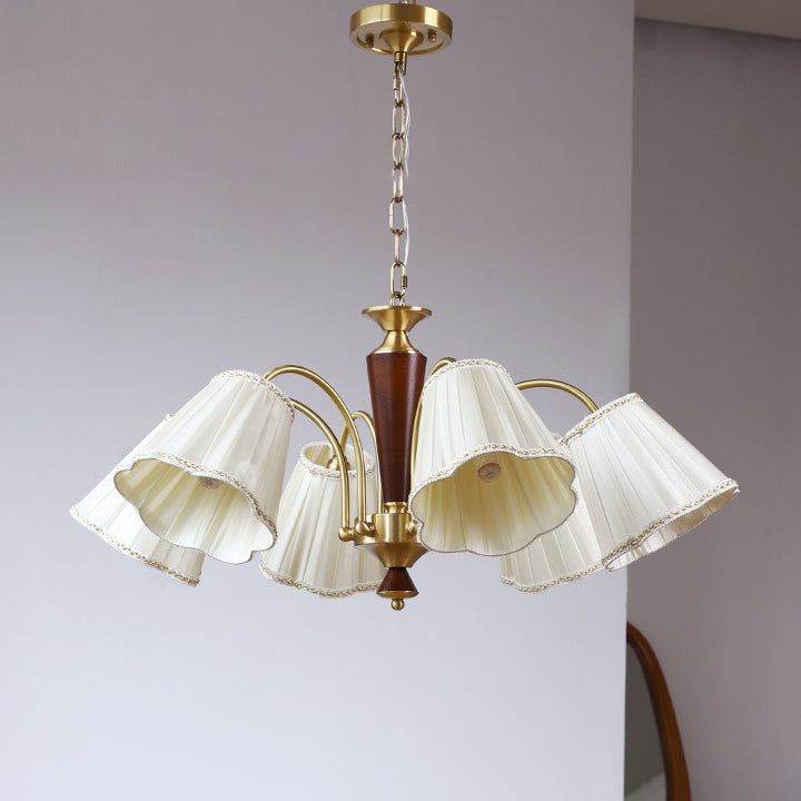 Lámpara de araña de 3/6/8 luces con pantalla de tela a rayas florales, varilla curva de rama francesa tradicional de cobre, madera y hierro para sala de estar 