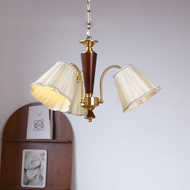 Lámpara de araña de 3/6/8 luces con pantalla de tela a rayas florales, varilla curva de rama francesa tradicional de cobre, madera y hierro para sala de estar 