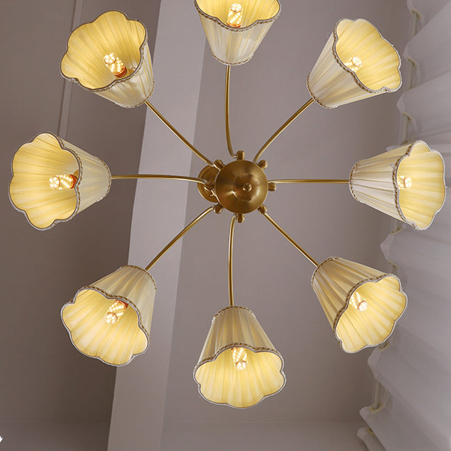 Lámpara de araña de 3/6/8 luces con pantalla de tela a rayas florales, varilla curva de rama francesa tradicional de cobre, madera y hierro para sala de estar 