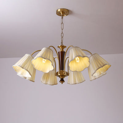 Lámpara de araña de 3/6/8 luces con pantalla de tela a rayas florales, varilla curva de rama francesa tradicional de cobre, madera y hierro para sala de estar 