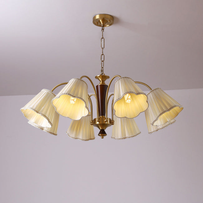 Lámpara de araña de 3/6/8 luces con pantalla de tela a rayas florales, varilla curva de rama francesa tradicional de cobre, madera y hierro para sala de estar 