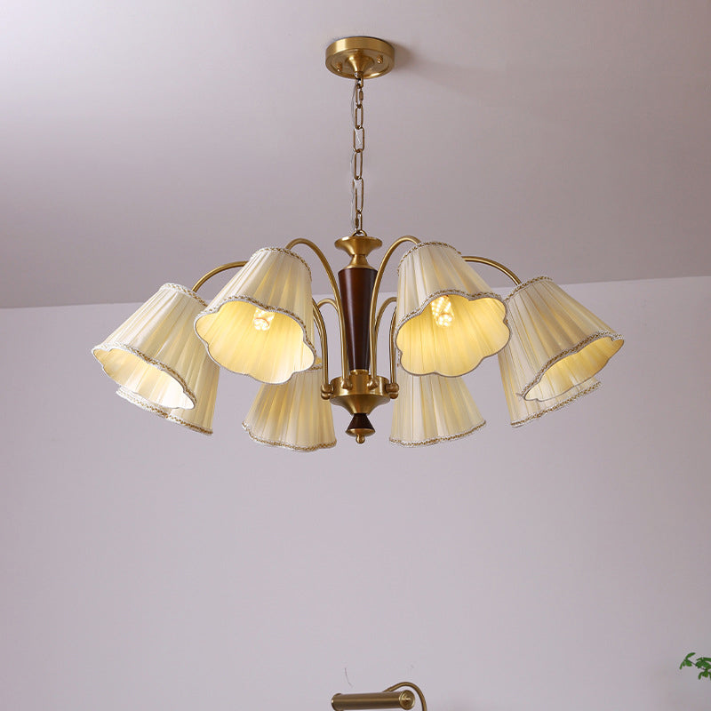 Lámpara de araña de 3/6/8 luces con pantalla de tela a rayas florales, varilla curva de rama francesa tradicional de cobre, madera y hierro para sala de estar 