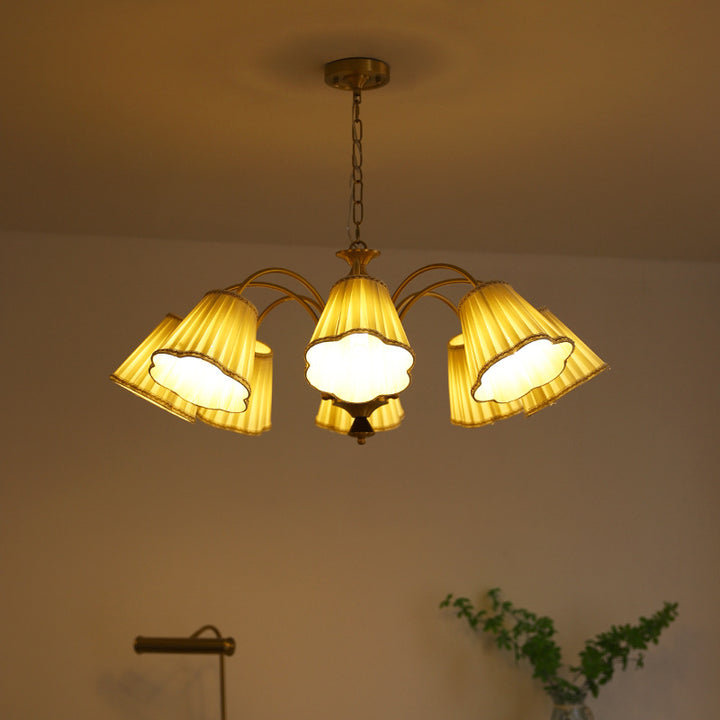 Traditioneller französischer Zweig gebogener Stab floraler Streifen Stoffschirm Kupfer Holz Eisenrahmen 3/6/8 Licht Kronleuchter für Wohnzimmer 