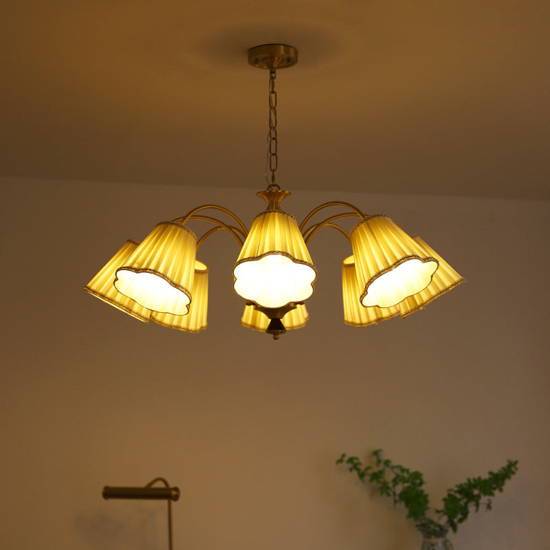 Lámpara de araña de 3/6/8 luces con pantalla de tela a rayas florales, varilla curva de rama francesa tradicional de cobre, madera y hierro para sala de estar 
