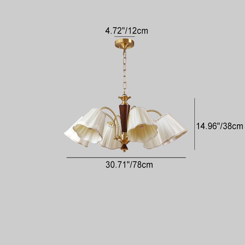 Traditioneller französischer Zweig gebogener Stab floraler Streifen Stoffschirm Kupfer Holz Eisenrahmen 3/6/8 Licht Kronleuchter für Wohnzimmer 