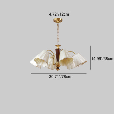 Lámpara de araña de 3/6/8 luces con pantalla de tela a rayas florales, varilla curva de rama francesa tradicional de cobre, madera y hierro para sala de estar 