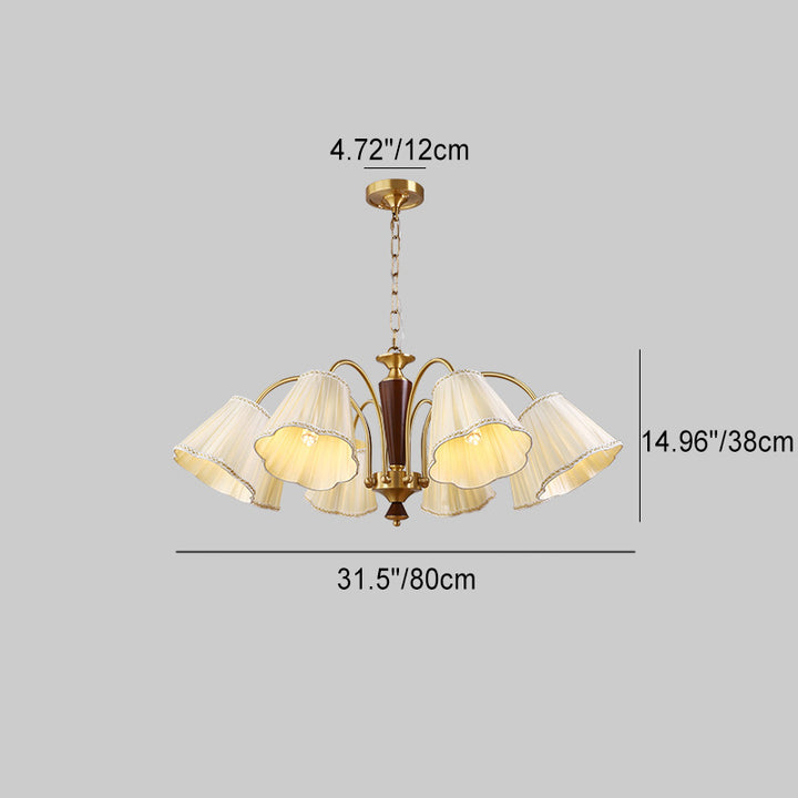 Traditioneller französischer Zweig gebogener Stab floraler Streifen Stoffschirm Kupfer Holz Eisenrahmen 3/6/8 Licht Kronleuchter für Wohnzimmer 