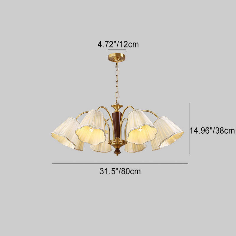 Lámpara de araña de 3/6/8 luces con pantalla de tela a rayas florales, varilla curva de rama francesa tradicional de cobre, madera y hierro para sala de estar 