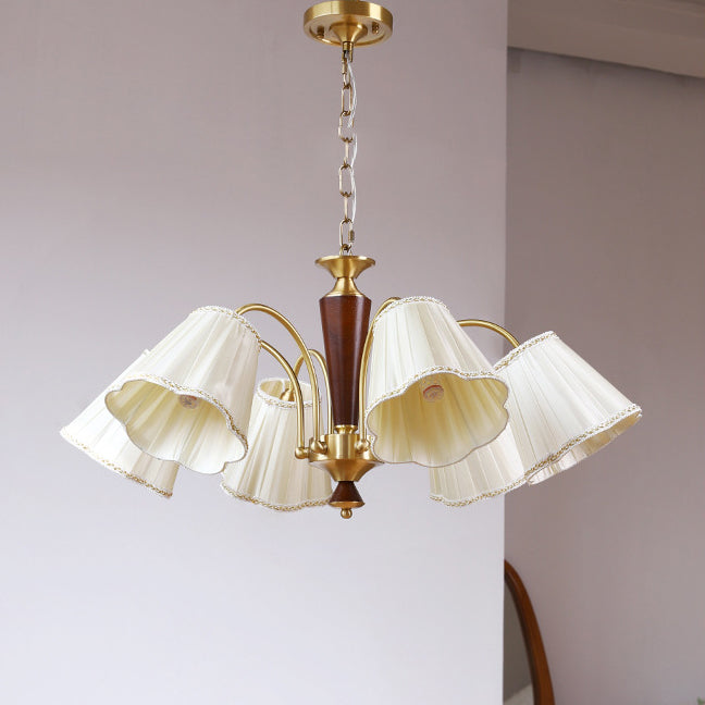 Lámpara de araña de 3/6/8 luces con pantalla de tela a rayas florales, varilla curva de rama francesa tradicional de cobre, madera y hierro para sala de estar 