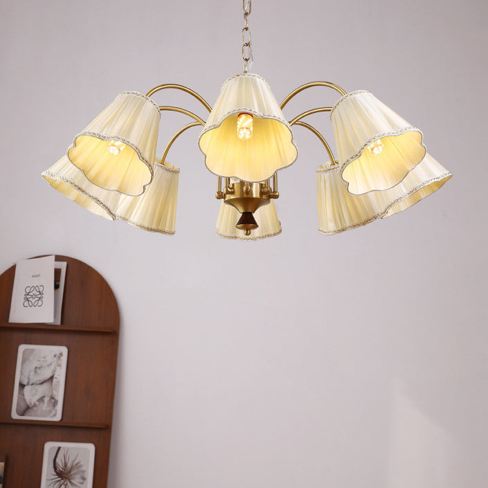 Lámpara de araña de 3/6/8 luces con pantalla de tela a rayas florales, varilla curva de rama francesa tradicional de cobre, madera y hierro para sala de estar 