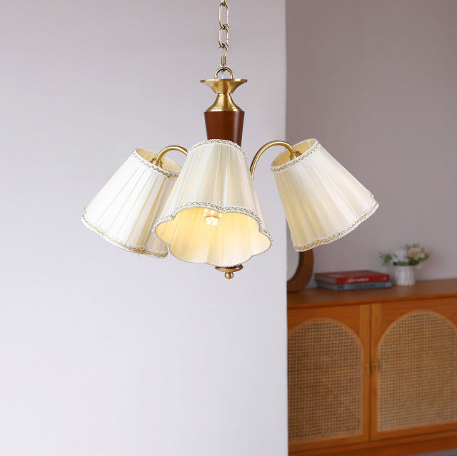 Lámpara de araña de 3/6/8 luces con pantalla de tela a rayas florales, varilla curva de rama francesa tradicional de cobre, madera y hierro para sala de estar 