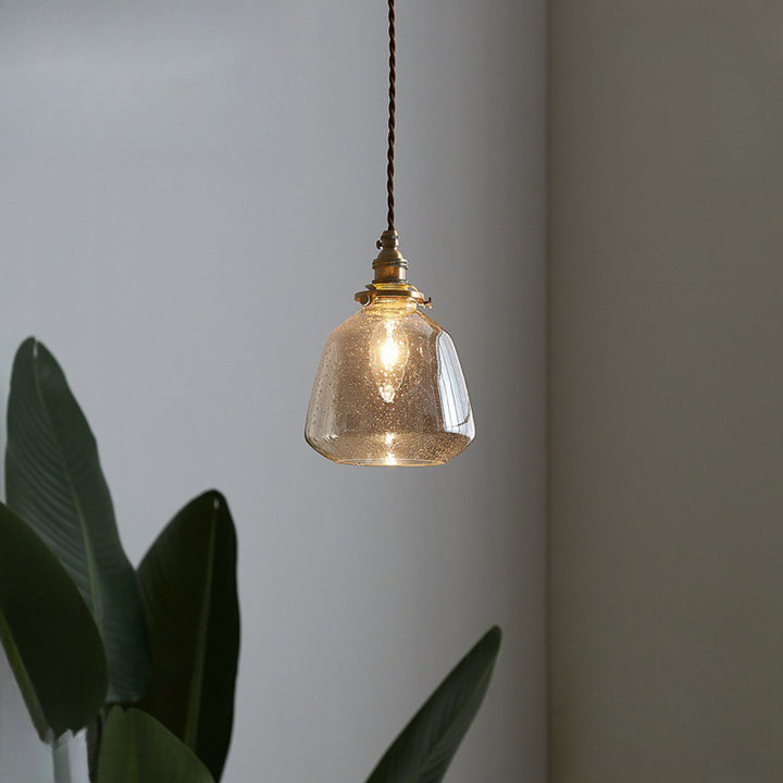 Traditional Vintage Round Cup Shape Bubble Glass Shade Brass 1-Light Pendant Light For Living Room