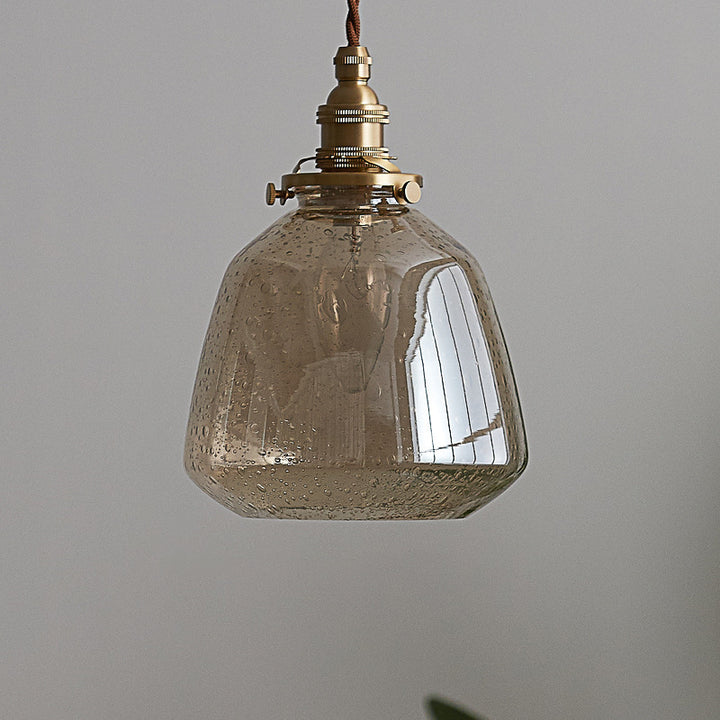 Traditional Vintage Round Cup Shape Bubble Glass Shade Brass 1-Light Pendant Light For Living Room
