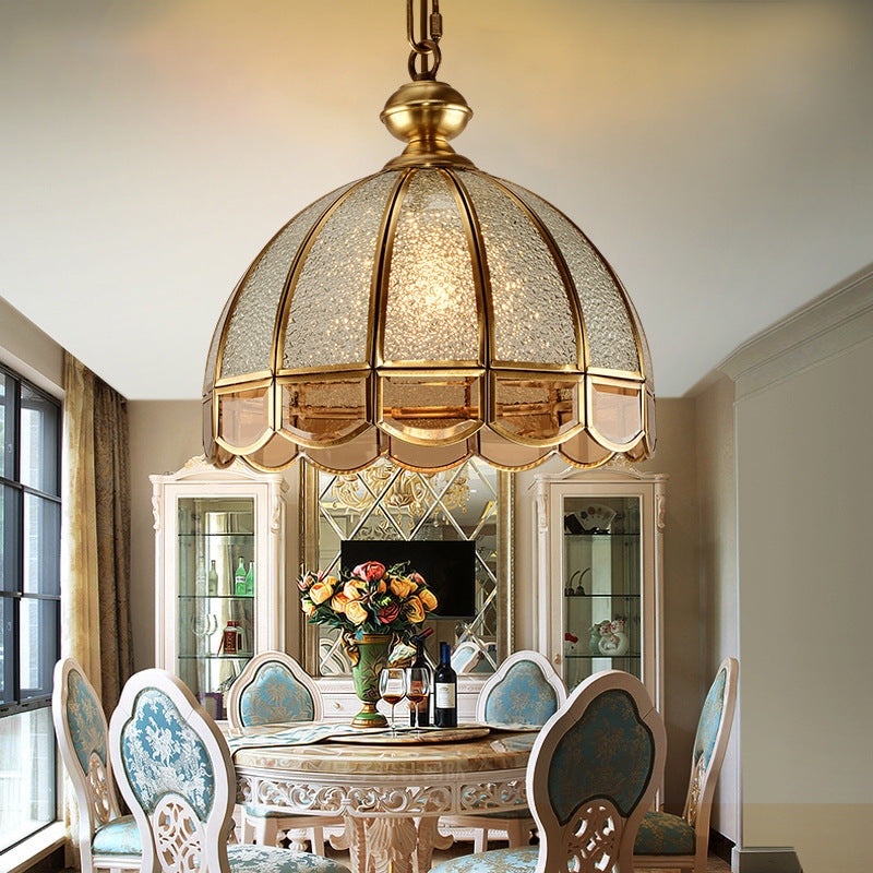 Traditional European Half Round Dome Wavy Edge Full Copper Glass Shade 6-Light Chandelier For Living Room