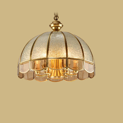 Traditional European Half Round Dome Wavy Edge Full Copper Glass Shade 6-Light Chandelier For Living Room