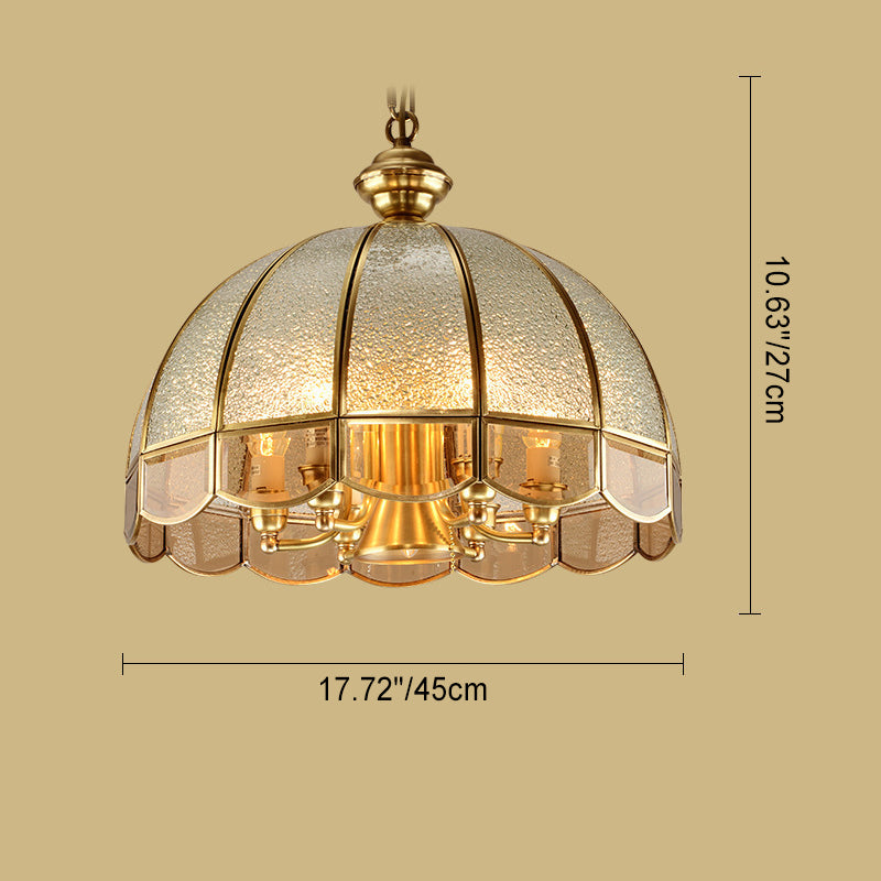 Traditional European Half Round Dome Wavy Edge Full Copper Glass Shade 6-Light Chandelier For Living Room