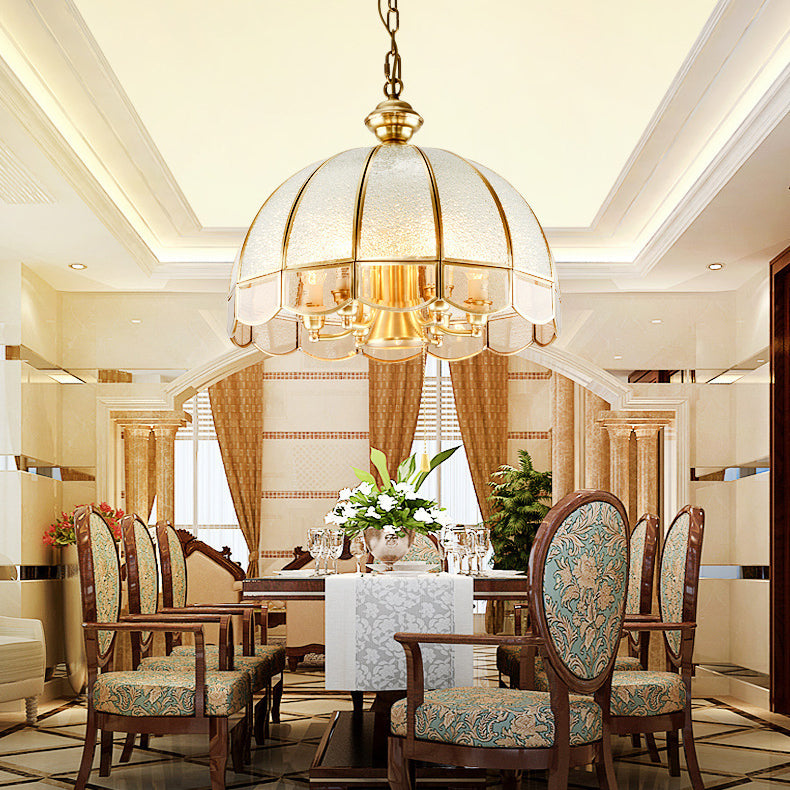 Traditional European Half Round Dome Wavy Edge Full Copper Glass Shade 6-Light Chandelier For Living Room