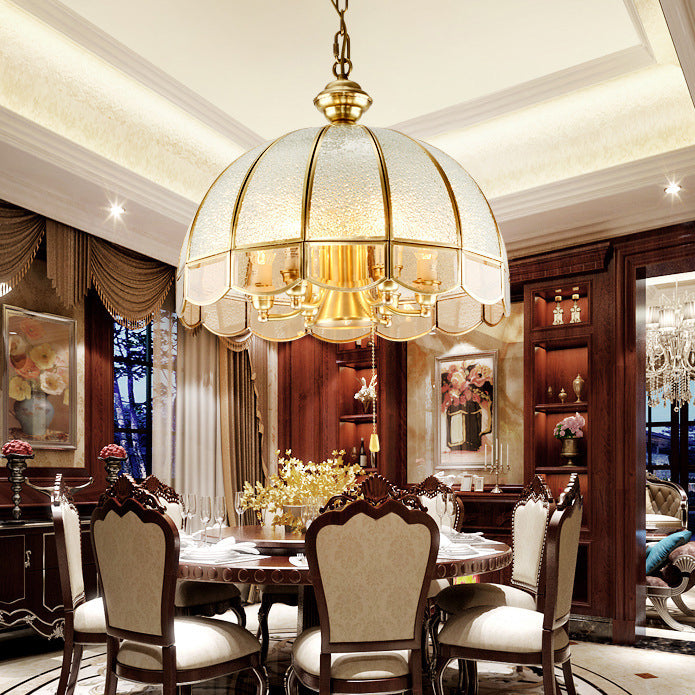 Traditional European Half Round Dome Wavy Edge Full Copper Glass Shade 6-Light Chandelier For Living Room