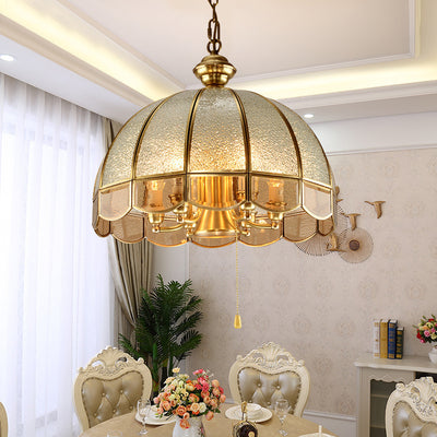 Traditional European Half Round Dome Wavy Edge Full Copper Glass Shade 6-Light Chandelier For Living Room