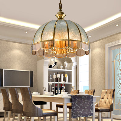 Traditional European Half Round Dome Wavy Edge Full Copper Glass Shade 6-Light Chandelier For Living Room