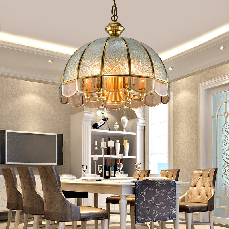 Traditional European Half Round Dome Wavy Edge Full Copper Glass Shade 6-Light Chandelier For Living Room