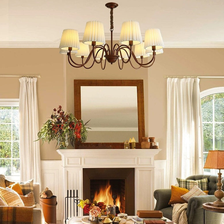 Traditional Rustic Branch Curved Rod Candelabra Cylinder Fabric Shade Iron Frame 3/6/8/10 Light Chandelier For Living Room