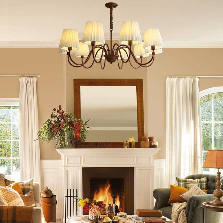 Traditional Rustic Branch Curved Rod Candelabra Cylinder Fabric Shade Iron Frame 3/6/8/10 Light Chandelier For Living Room