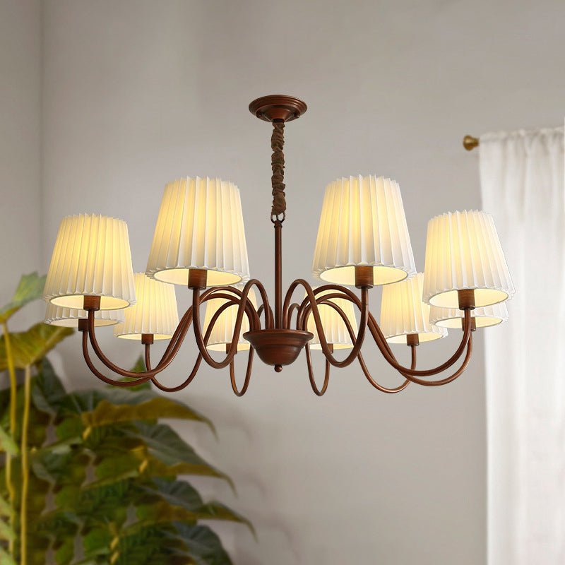 Traditional Rustic Branch Curved Rod Candelabra Cylinder Fabric Shade Iron Frame 3/6/8/10 Light Chandelier For Living Room