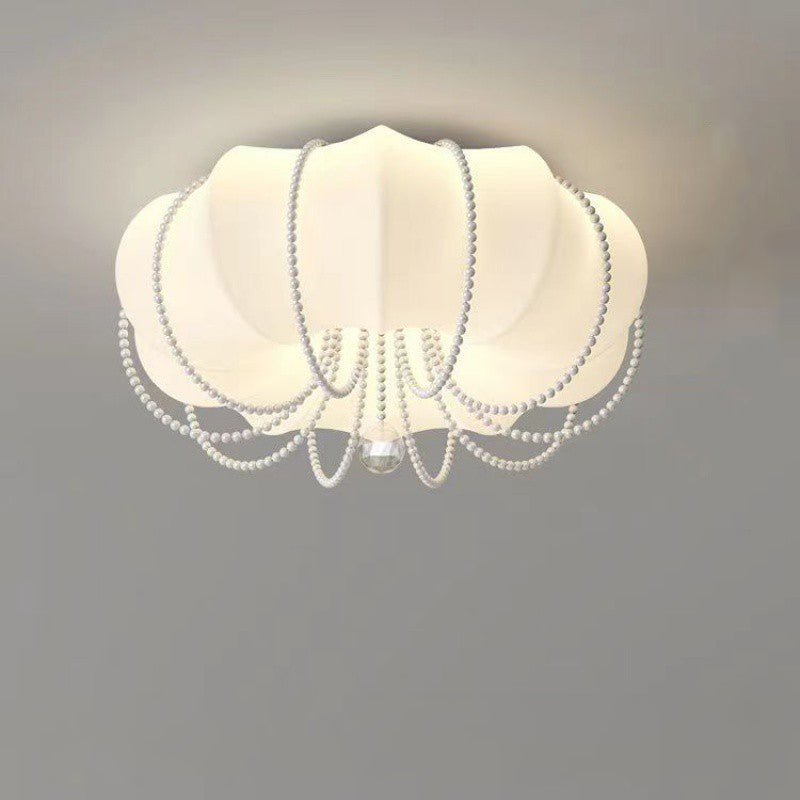Modern Minimalist Round Cloud Shape Faux Pearl Chain Iron PE Shade LED Flush Mount Ceiling Light For Bedroom