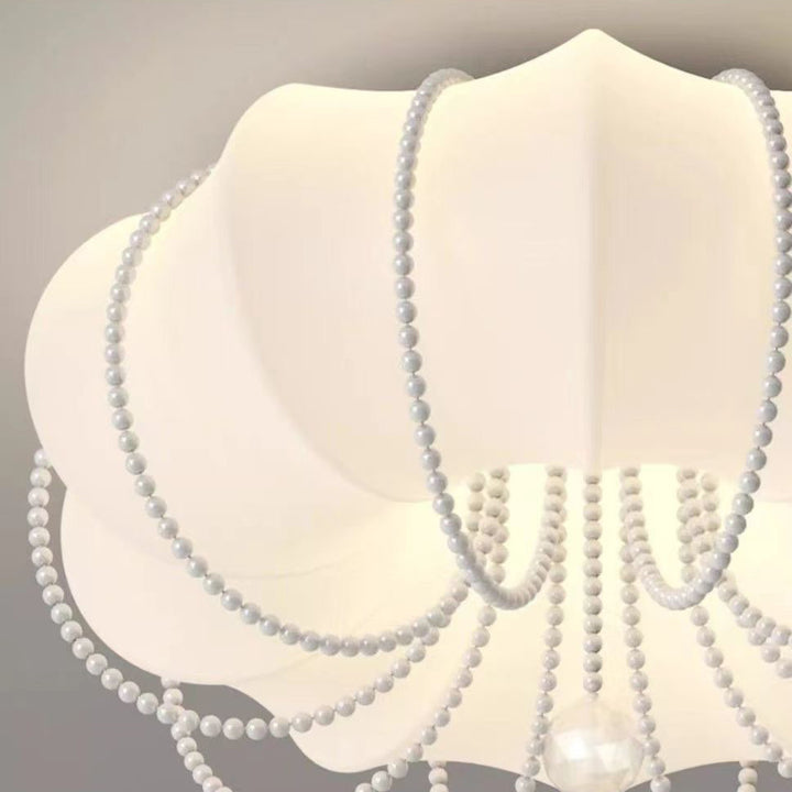 Modern Minimalist Round Cloud Shape Faux Pearl Chain Iron PE Shade LED Flush Mount Ceiling Light For Bedroom