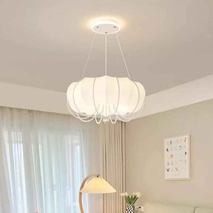Modern Minimalist Round Cloud Shape Faux Pearl Chain Iron PE Shade LED Pendant Light For Bedroom