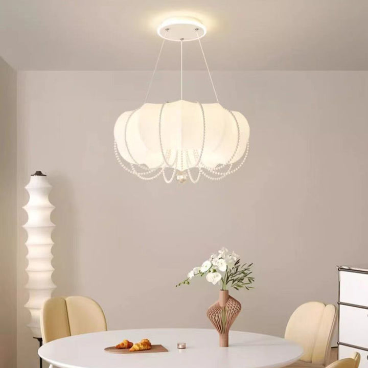 Modern Minimalist Round Cloud Shape Faux Pearl Chain Iron PE Shade LED Pendant Light For Bedroom