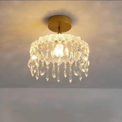 Moderner minimalistischer runder Tropfenkristall-Eisenrahmen-Glasschirm 1-Licht-Deckenleuchte für das Wohnzimmer 