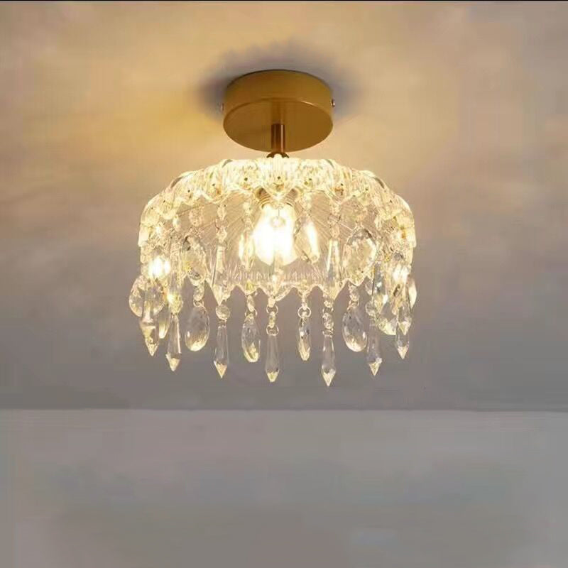 Moderner minimalistischer runder Tropfenkristall-Eisenrahmen-Glasschirm 1-Licht-Deckenleuchte für das Wohnzimmer 