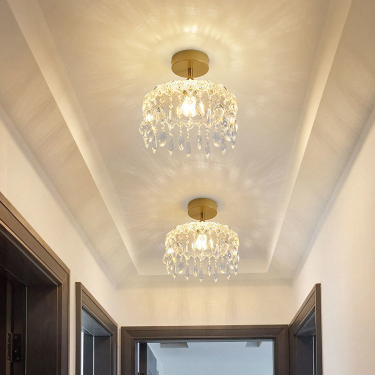 Moderner minimalistischer runder Tropfenkristall-Eisenrahmen-Glasschirm 1-Licht-Deckenleuchte für das Wohnzimmer 