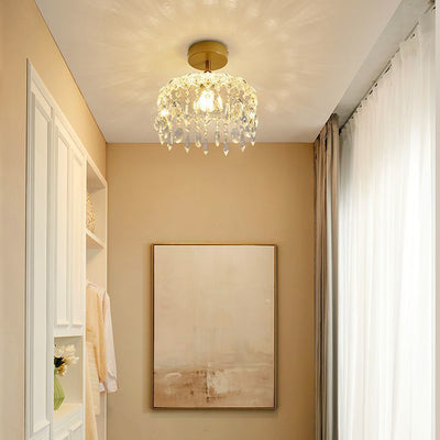 Moderner minimalistischer runder Tropfenkristall-Eisenrahmen-Glasschirm 1-Licht-Deckenleuchte für das Wohnzimmer 