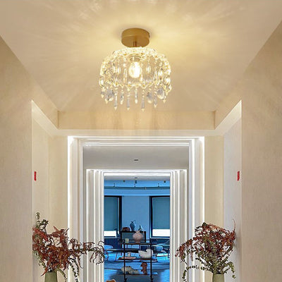 Moderner minimalistischer runder Tropfenkristall-Eisenrahmen-Glasschirm 1-Licht-Deckenleuchte für das Wohnzimmer 