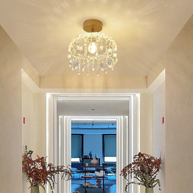 Moderner minimalistischer runder Tropfenkristall-Eisenrahmen-Glasschirm 1-Licht-Deckenleuchte für das Wohnzimmer 