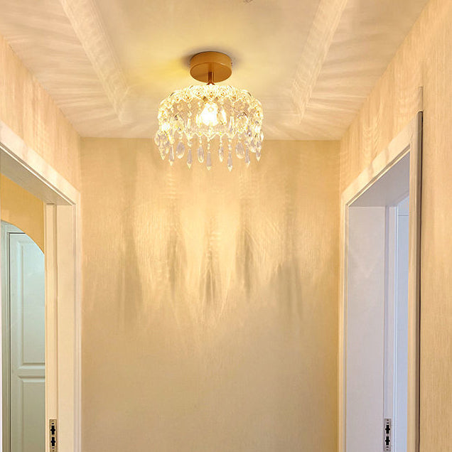 Moderner minimalistischer runder Tropfenkristall-Eisenrahmen-Glasschirm 1-Licht-Deckenleuchte für das Wohnzimmer 