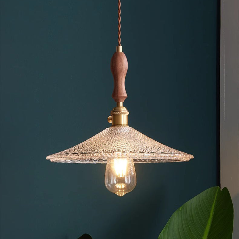 Suspension 1 lumière avec abat-jour en verre, cadre en bois massif et cône rond en laiton traditionnel japonais pour salon 