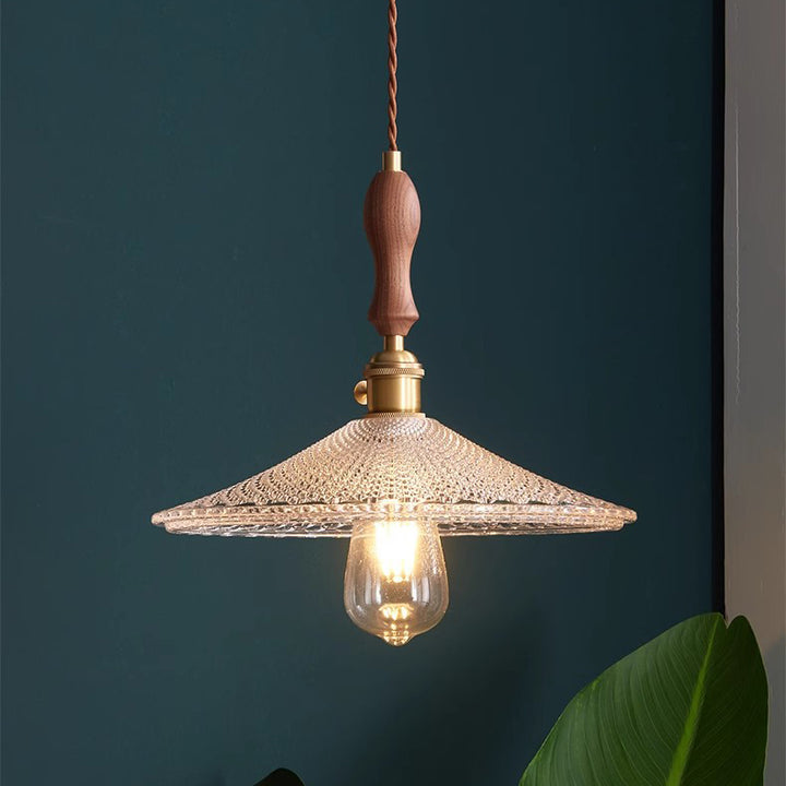 Suspension 1 lumière avec abat-jour en verre, cadre en bois massif et cône rond en laiton traditionnel japonais pour salon 