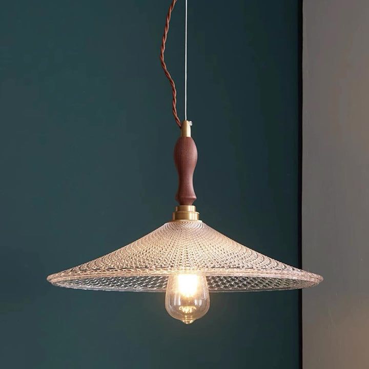 Suspension 1 lumière avec abat-jour en verre, cadre en bois massif et cône rond en laiton traditionnel japonais pour salon 